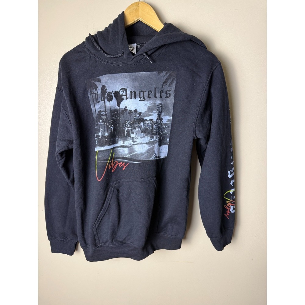 Coastal Vibes-Los Angeles Palm Tree Graphic Hoodie Adult S Black Beach